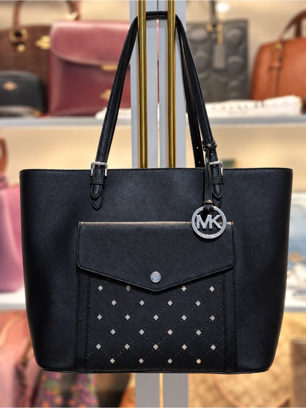 Michael Kors Black Saffiano Leather Studded Pocket Tote